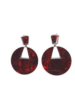 Silver Red Marbled Resin Dangle Drop Earrings